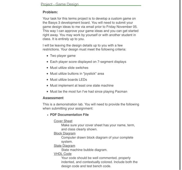 Solved Project - Game Design Problem: Your task for this | Chegg.com