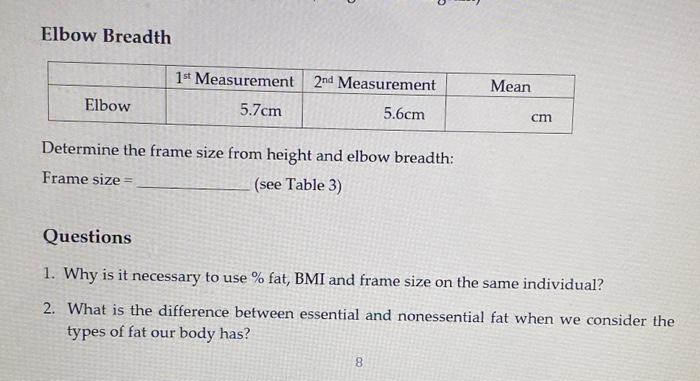 Body Frame Size Measuring Tables