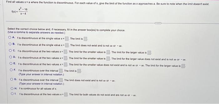 Solved Find all values x = a where the function is | Chegg.com