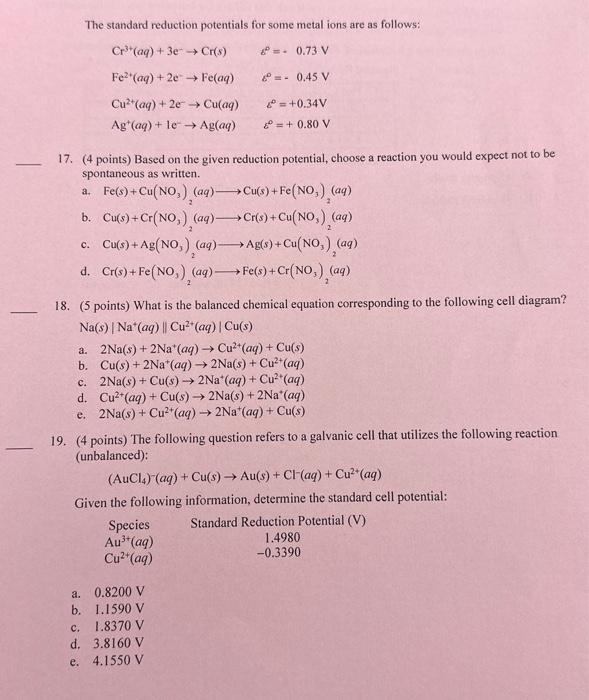 Solved The standard reduction potentials for some metal ions