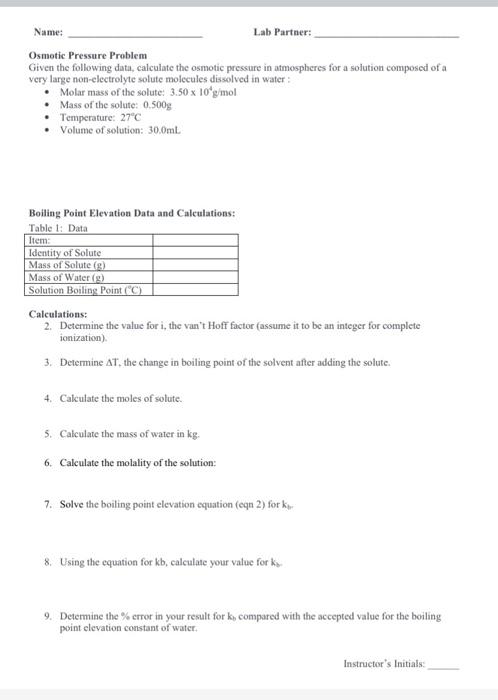 Solved Name: Lab Partner: Osmotic Pressure Problem Given the | Chegg.com