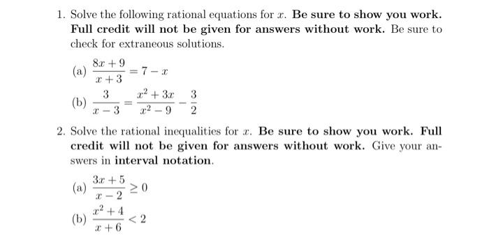 Solved 1. Solve the following rational equations for x. Be | Chegg.com