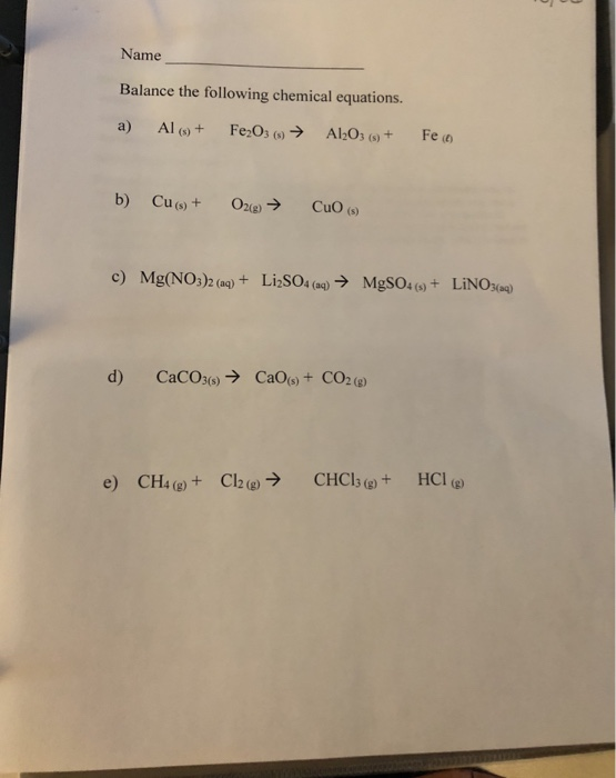 Solved Name Balance The Following Chemical Equations. A) | Chegg.com