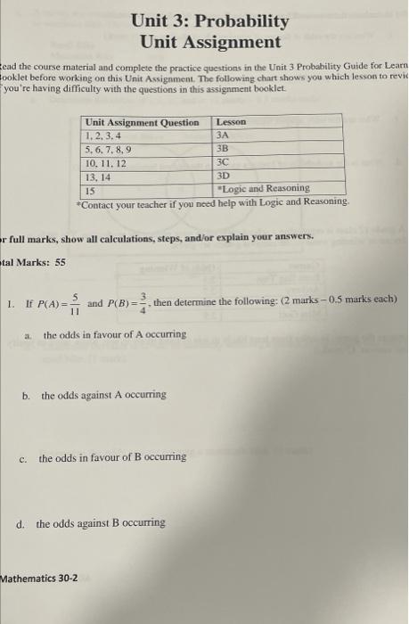 unit 3 probability unit assignment