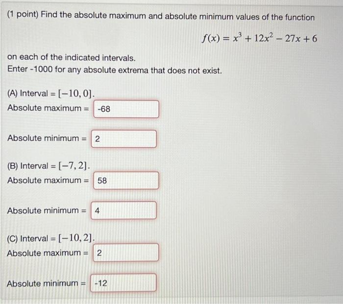 Solved (1 point) Find the absolute maximum and absolute | Chegg.com