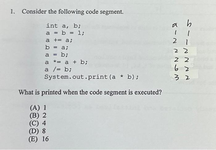 Solved 1. Consider The Following Code Segment. Int A, B; A = | Chegg.com