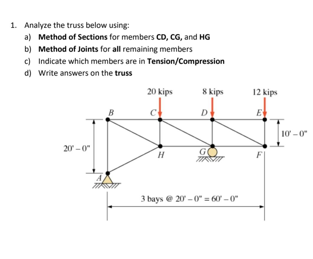 Solved 1. Analyze The Truss Below Using: A) Method Of | Chegg.com