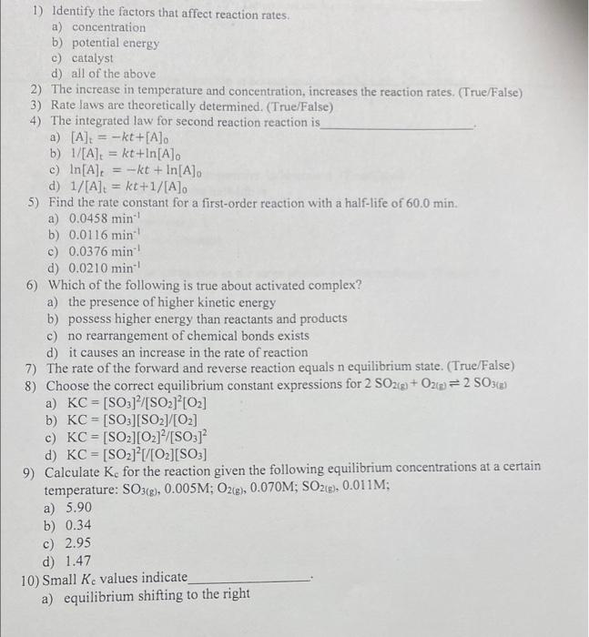 Solved 1) Identify the factors that affect reaction rates a) | Chegg.com