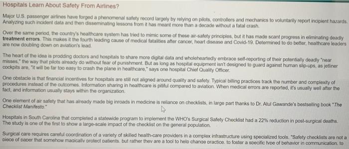 Solved Hospitals Learn About Safety From Airlines? Major | Chegg.com