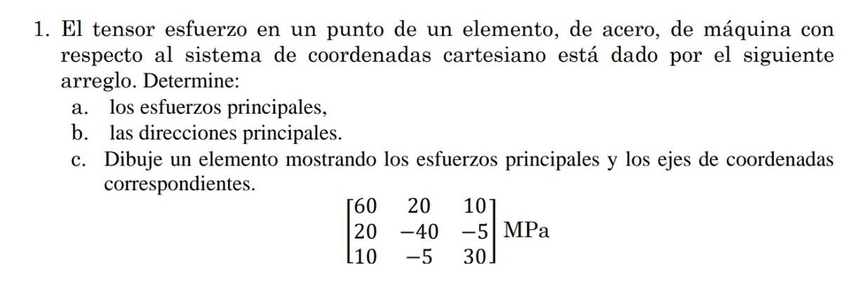 1. El tensor esfuerzo en un punto de un elemento, de acero, de máquina con respecto al sistema de coordenadas cartesiano está