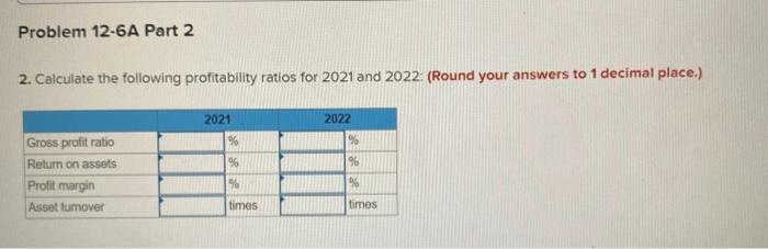Problem 12-6A Part 2 2. Calculate the following | Chegg.com