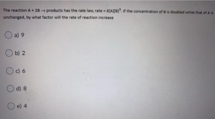 Solved The reaction A + 2B products has the rate law, rate = | Chegg.com