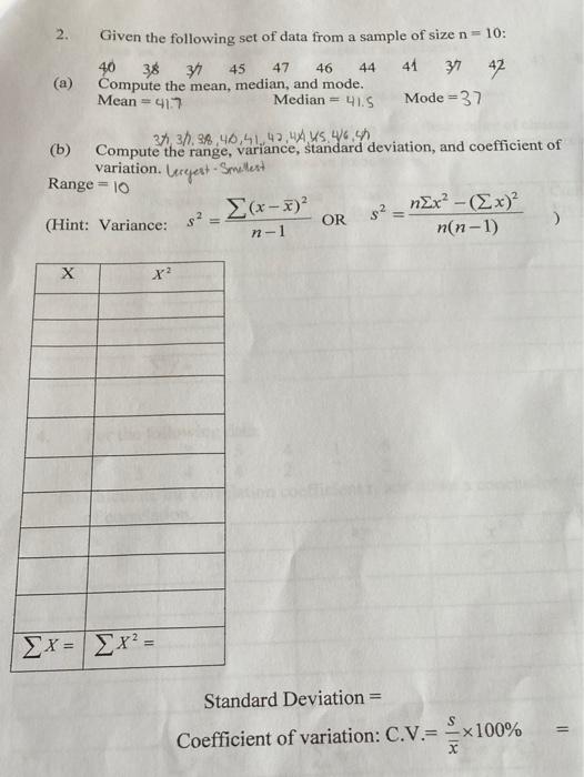 Solved 2. Given the following set of data from a sample of | Chegg.com