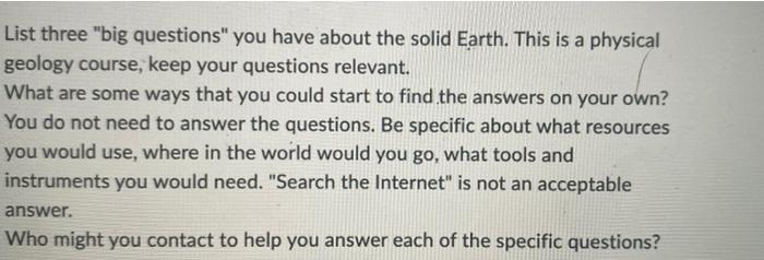 Solved list three big questions about the solid earth 100 | Chegg.com