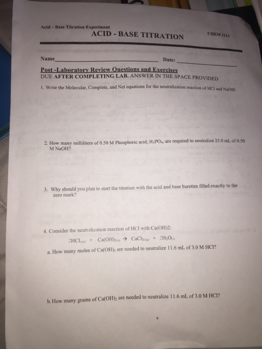 Solved Acid Base Titration Experiment Acid Base Titration Chegg Com