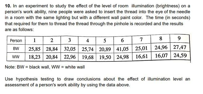 Solved 10. In an experiment to study the effect of the level | Chegg.com