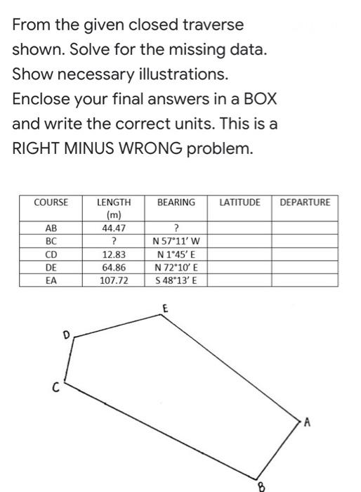 Solved From the given closed traverse shown. Solve for the | Chegg.com
