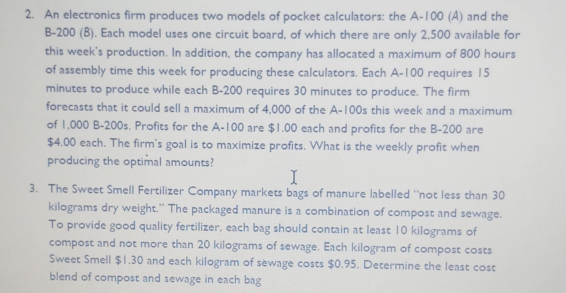 Solved 2. An Electronics Firm Produces Two Models Of Pocket | Chegg.com