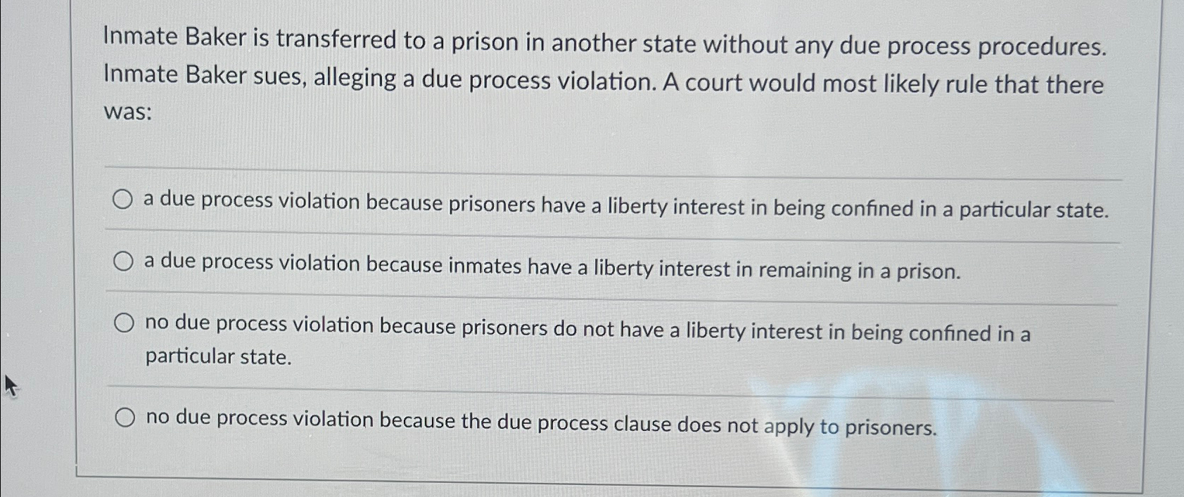 Solved Inmate Baker is transferred to a prison in another | Chegg.com