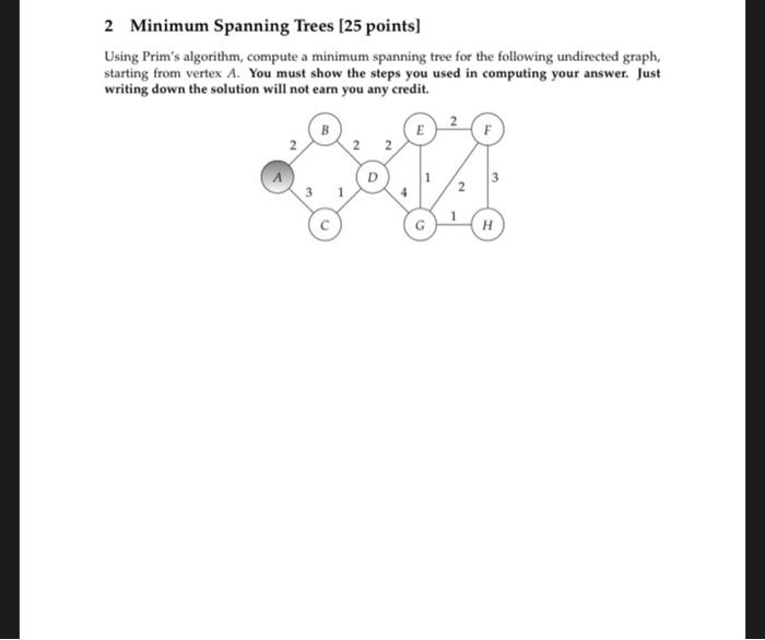 Solved 2 Minimum Spanning Trees [25 points) Using Prim's | Chegg.com