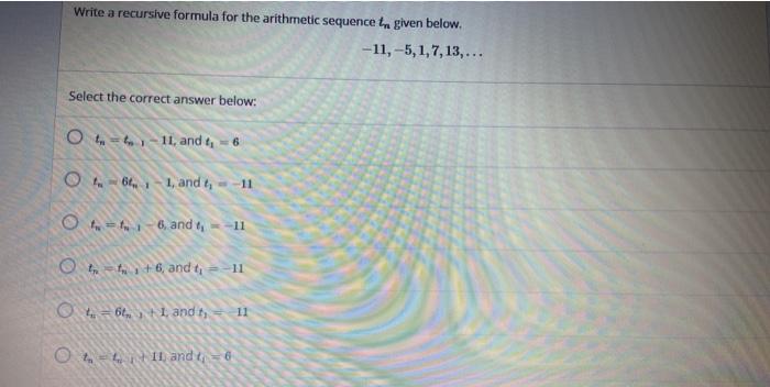 Solved Write a recursive formula for the arithmetic sequence | Chegg.com