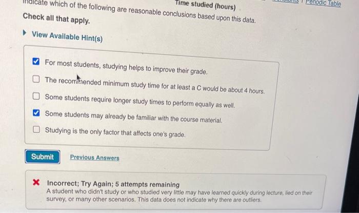 Time studied (hours)
Check all that apply.
View Available Hint(s)
For most students, studying helps to improve their grade.
T
