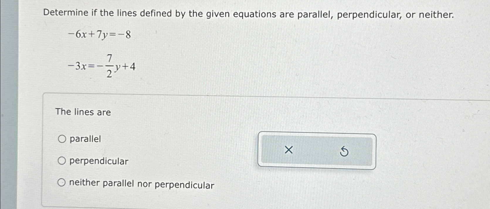 Solved Determine if the lines defined by the given equations | Chegg.com