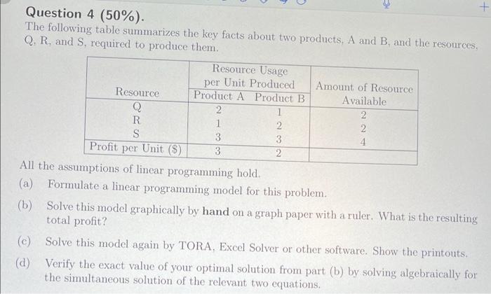 Solved + Question 4 (50%). The Following Table Summarizes | Chegg.com