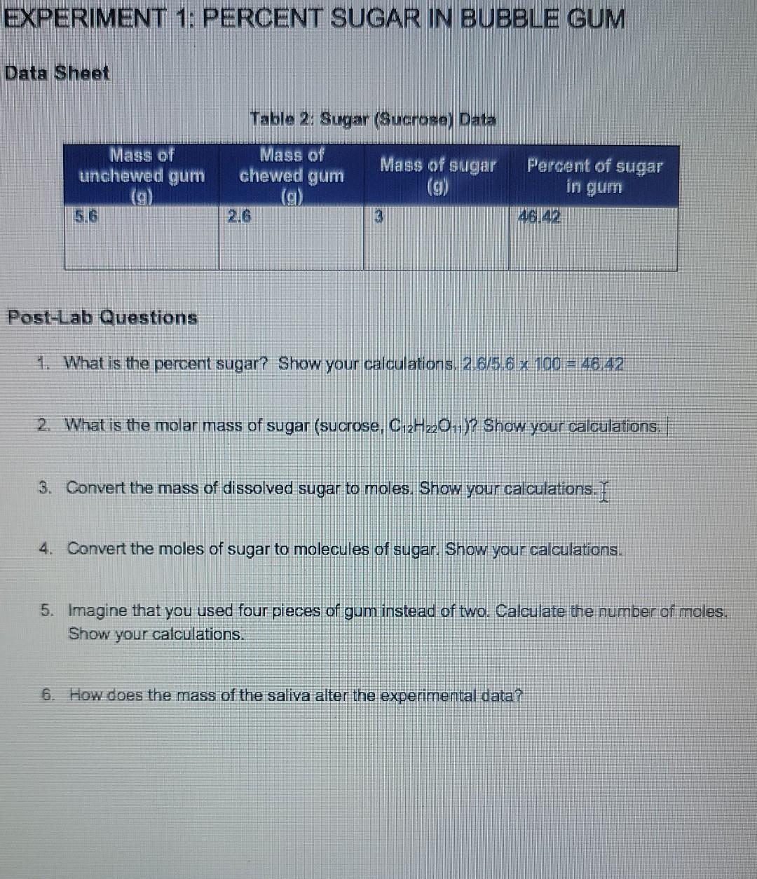 Solved EXPERIMENT 1 PERCENT SUGAR IN BUBBLE GUM Data Sheet Chegg Com   Image 