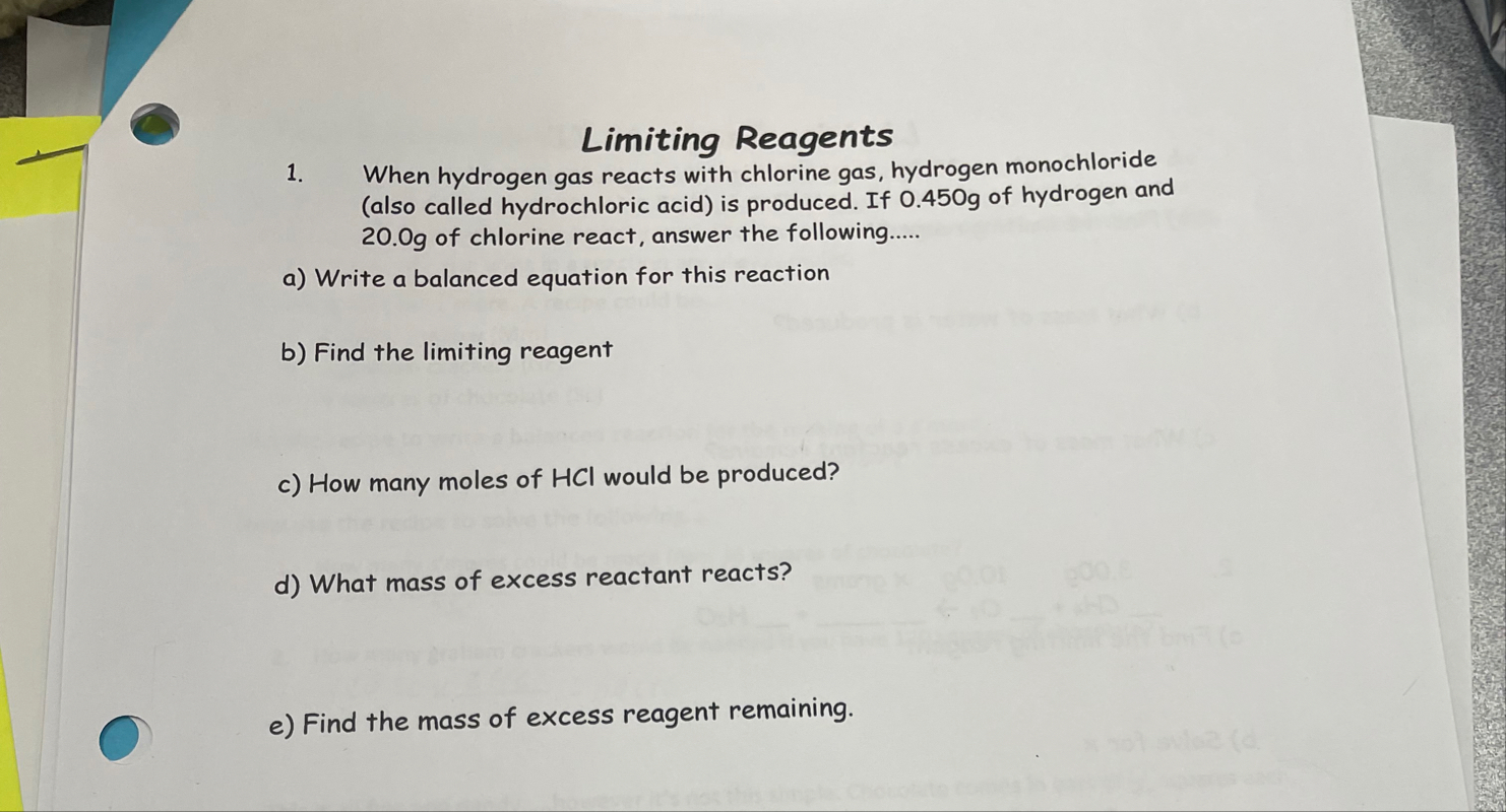 Solved Limiting ReagentsWhen hydrogen gas reacts with | Chegg.com
