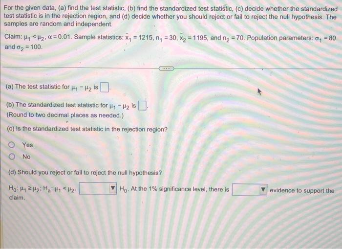 Solved For The Given Data, (a) Find The Test Statistic, (b) | Chegg.com