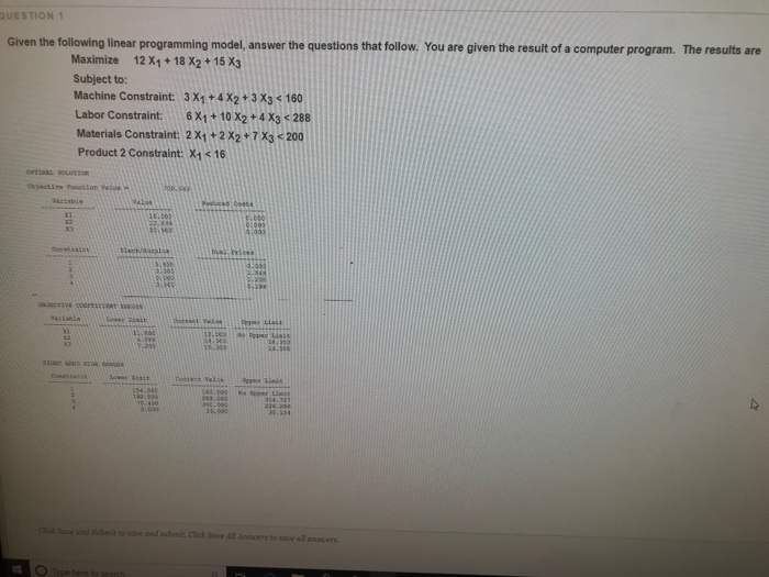Solved UESTION 1 Given the following linear programming | Chegg.com