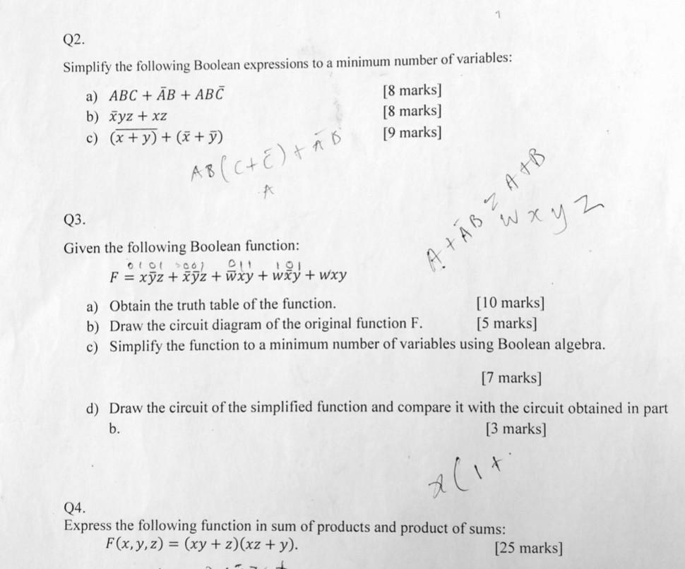 Solved Q2. Simplify The Following Boolean Expressions To A | Chegg.com