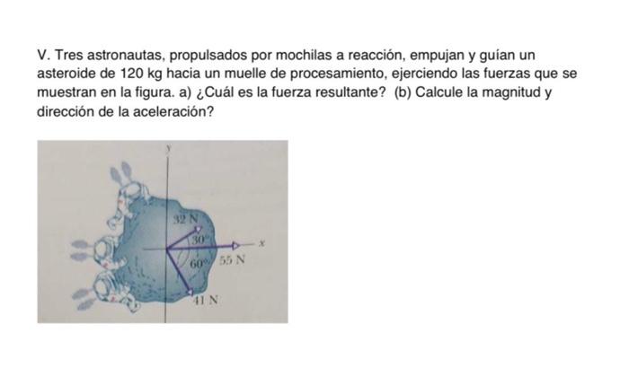 V. Tres astronautas, propulsados por mochilas a reacción, empujan y guian un asteroide de \( 120 \mathrm{~kg} \) hacia un mue