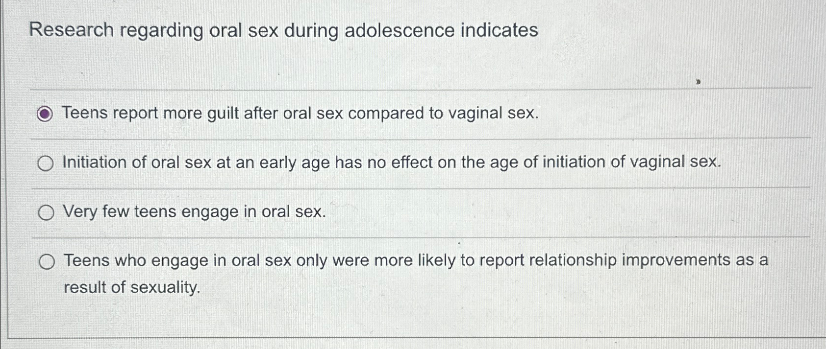 Solved Research regarding oral sex during adolescence | Chegg.com