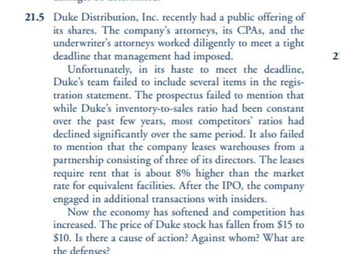 Solved 2 21.5 Duke Distribution, Inc. recently had a public