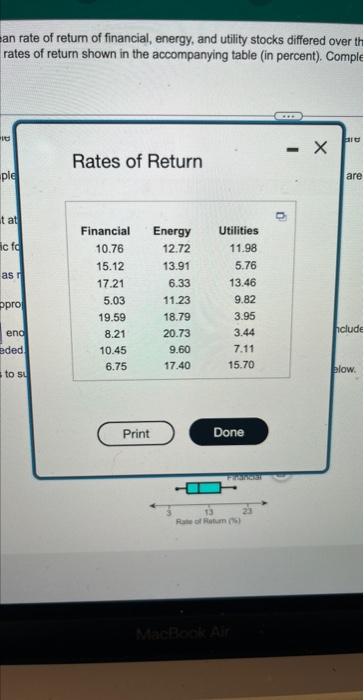 an rate of return of financial, energy, and utility stocks differed over \( t \) rates of return shown in the accompanying ta