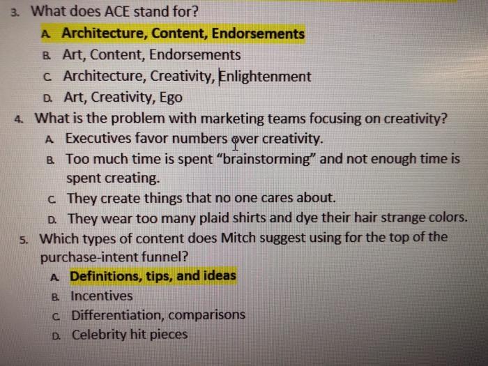 Solved 3. What does ACE stand for? A Architecture, Content,