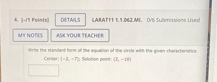 Solved Write the standard form of the equation of the circle | Chegg.com