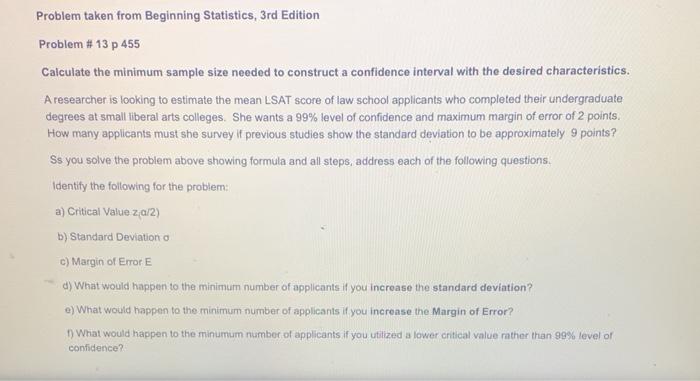 Solved Problem taken from Beginning Statistics, 3rd Edition | Chegg.com