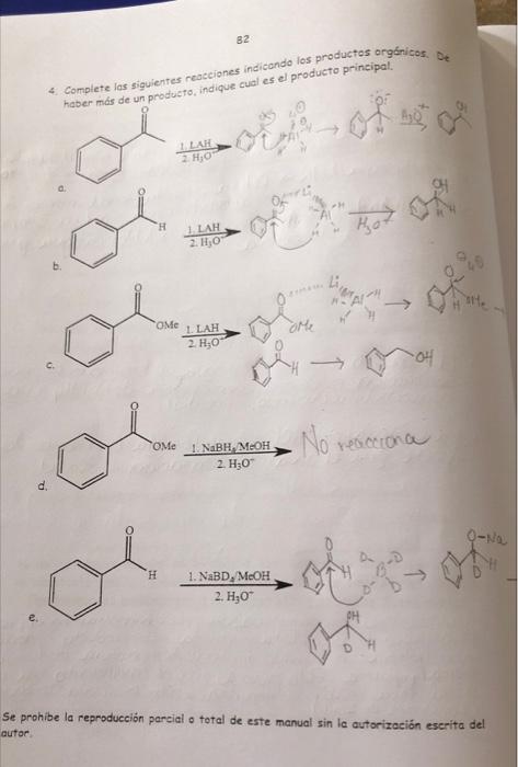 82 4 Complete los siguientes reacciones indicando los productos organicos De haber más de un producto, indique cual es el pro