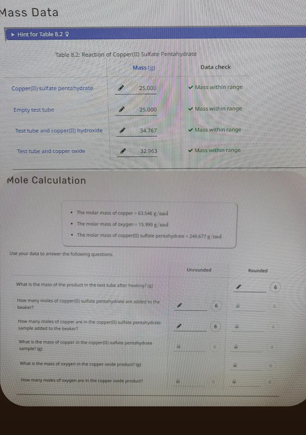 Solved Mass DataHint for Table 8.28Table 8.2: Reaction of | Chegg.com