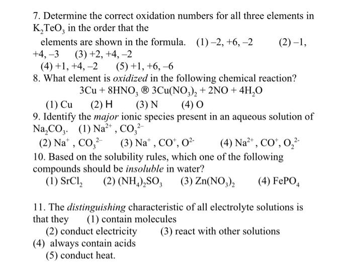 Solved 7. Determine The Correct Oxidation Numbers For All 