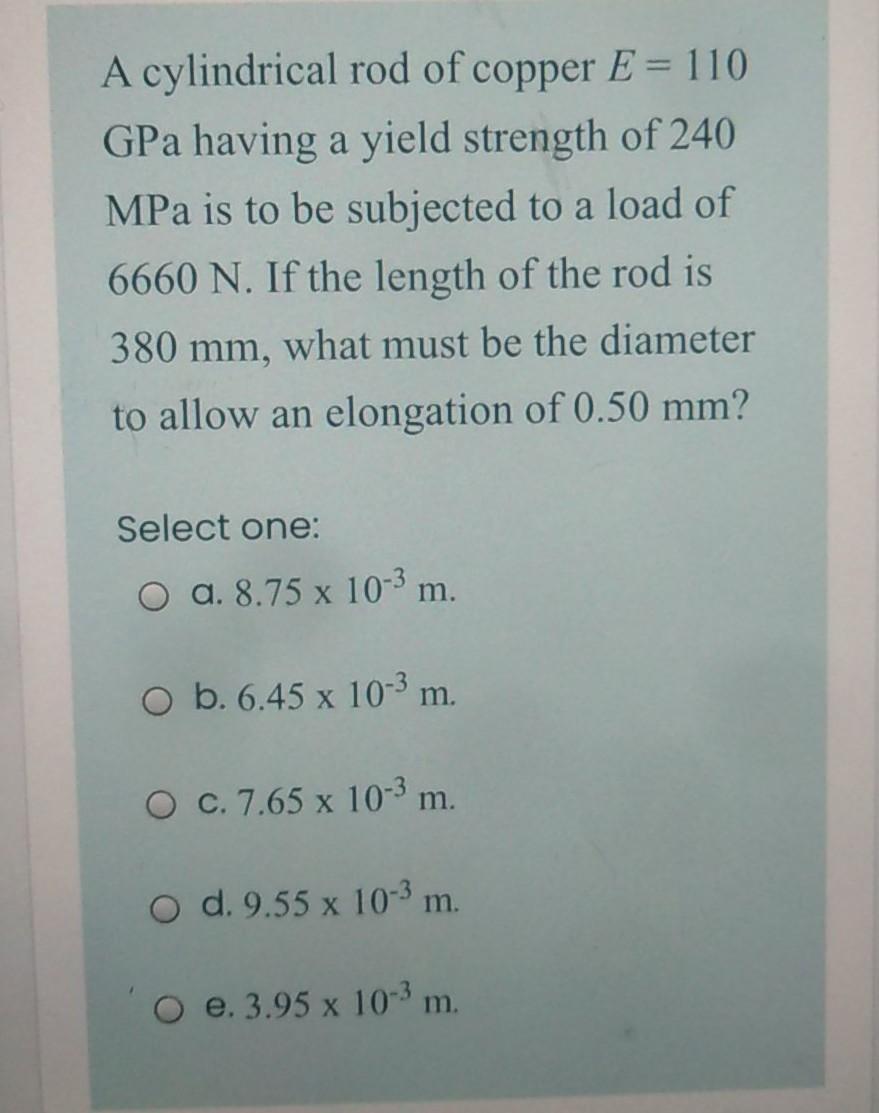 Solved A cylindrical rod of copper E = 110 GPa having a