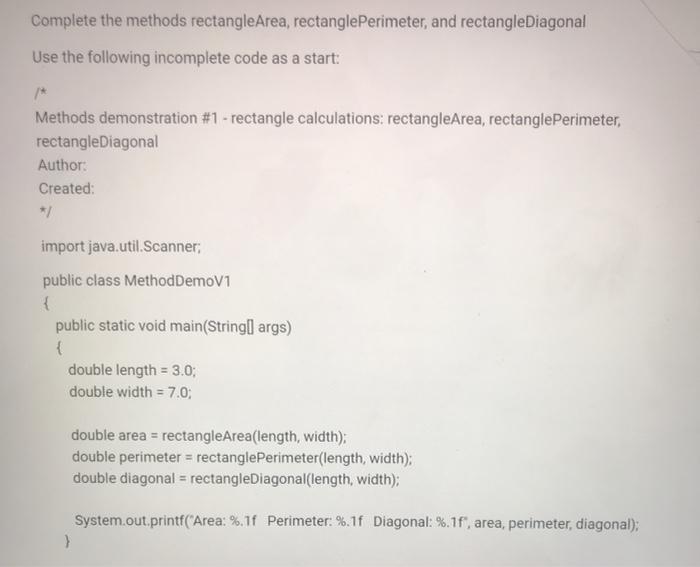 Solved Complete the methods rectangleArea, | Chegg.com
