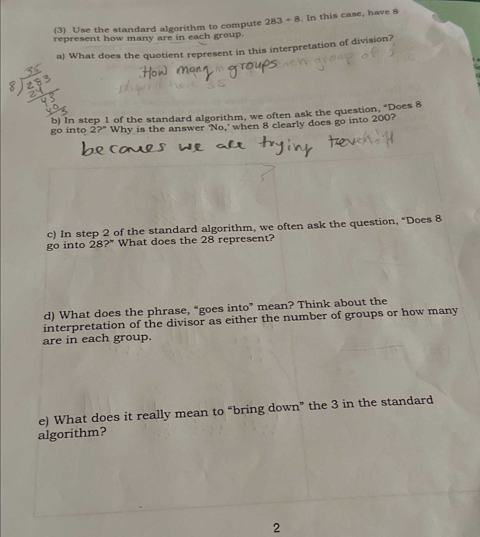 Solved (3) ﻿Use the standard algorithm to compute 283÷8. ﻿In | Chegg.com