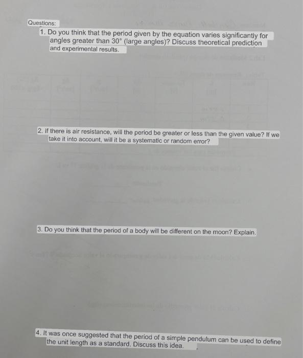 1. Do you think that the period given by the equation varies significantly for angles greater than \( 30^{\circ} \) (large an