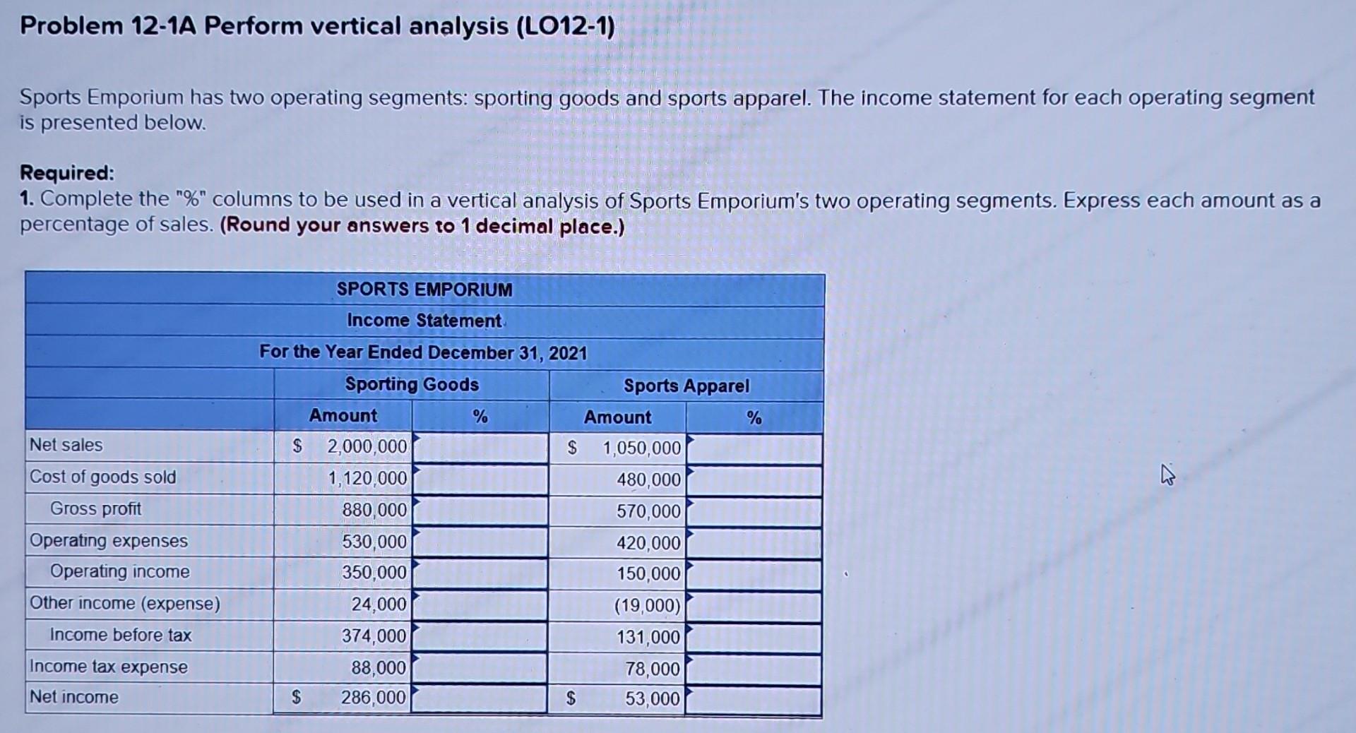 Solved Problem 12-1A Perform Vertical Analysis (L012-1) | Chegg.com