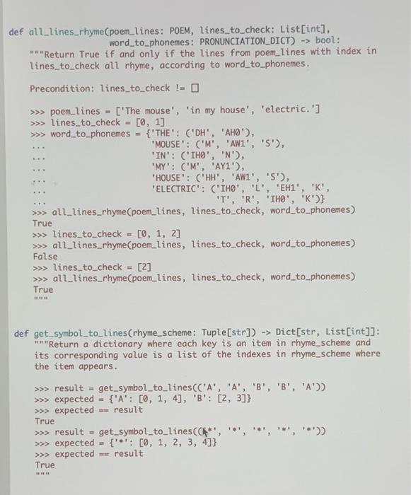 Solved def all lines_rhyme(poem_lines: POEM, lines_to_check: | Chegg.com