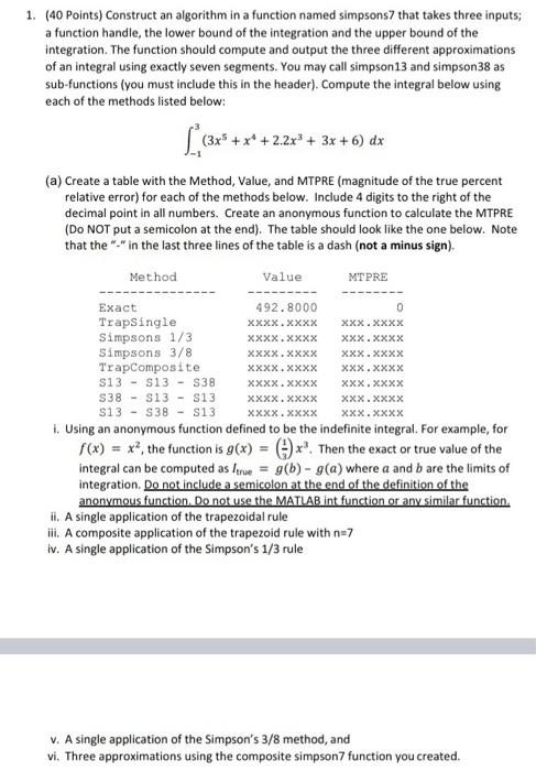 Solved a 1. (40 Points) Construct an algorithm in a function | Chegg.com
